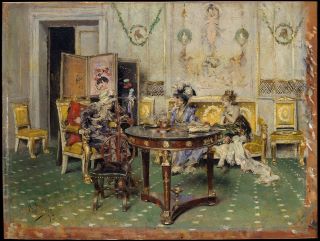 Sala in stile Biedermeier di Giovanni Boldini. Due giovani donne e una donna più anziana stanno bevendo il tè insieme mentre sono sedute su divani.