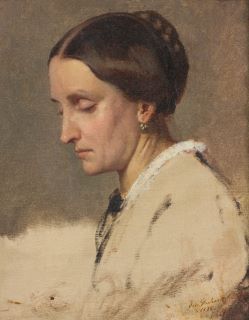 Frauenporträt (Retrato de una mujer) 1836. Retrato de una mujer con el pelo castaño recogido en la cabeza, con un vestido blanco mirando hacia abajo con los ojos cerrados.