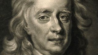 Retrato de Sir Isaac Newton, em que este encontra o olhar do observador com o seu olhar de lado. 