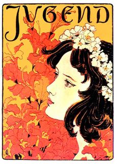 Copertina dello Jugend di Otto Eckmann (1896). Un disegno di una donna con capelli scuri e una corona di fiori. Ci sono anche fiori rosso brillante sullo sfondo.  
