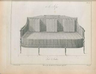 Livro de Thomas Sheraton, desenho de um sofá com três almofadas.