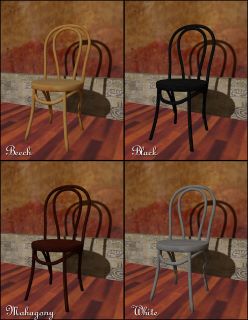 Cadeiras em madeira de Bentwood. Quatro fotografias de cadeiras de madeira de Bentwood em diferentes cores, incluindo preto, faia, Mahagonny e branco.