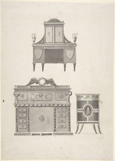 Desenhos de móveis numa variação do estilo Thomas Sheraton, um aparador, um armário e um armário baixo.
