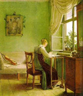 Mulher a bordar, estilo Biedermeier. Pintura de uma rapariga a bordar numa mesa em frente a uma janela aberta. Toda a peça é banhada por uma luz verde. 