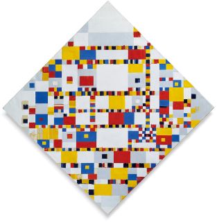 Boogie Woogie de Piet Mondrian. Formas geométricas feitas em cores vivas e primárias, representadas dentro de uma forma quadrada. 