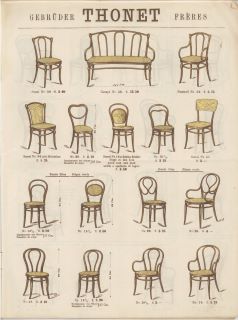 Uma página de um catálogo com amostras de cadeiras Thonet. Quatro filas de cadeiras com vários designs diferentes preenchem a página. O texto no topo das páginas diz: "THONET".