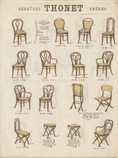 Outra imagem do catálogo de leilão dos irmãos Thonet, datado de 1885, com mais quatro filas de cadeiras de diferentes modelos. 
