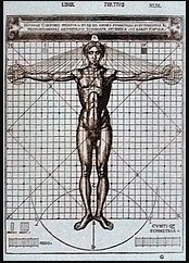 The "Vitruvian Man", an illustration in the 1521 edition of De Architectura.