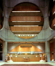 The library’s interior structure where the layout of the building is visible to the visitor.