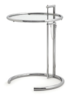 Table E 1027: A skinny, metal table with a glass top. 