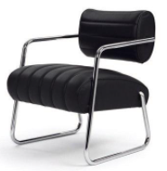 Bonaparte (1935) chair with black seat and back and skinng metal legs and arms. 