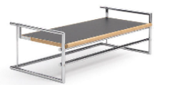 Tavolo Menton: Un tavolo largo e piatto con piano grigio e accenti di legno chiaro lungo il bordo. 