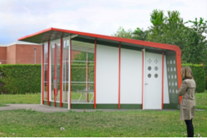 Vitra Petrol Station, 1953: A funky white and glass building with red accents along the edges. 