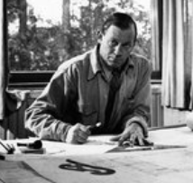 Alvar Aalto candid photo: Black and white photo of the designer looking at the camera