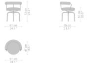 Mesures du Siège Pivotant : trois versions de la chaise existent dans des angles différents pour indiquer les dimensions.