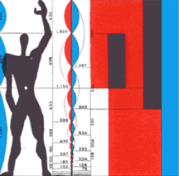 Il Modulor, base di numerosi concetti e idee creative, di Le Corbusier: Un dipinto astratto che include una figura umana sulla sinistra, oltre a forme geometriche blu, rosse e nere. 