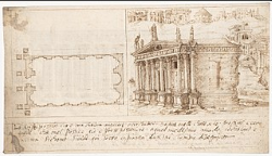 A drawing of a Roman architectural structure on the right side of the page. 