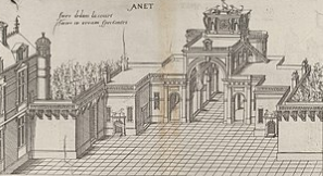 Vista interior del patio de la corte y vista frontal del mecanismo de defensa en Chateau d'Anet. Grabado, 1607.