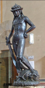 A photo of the Bronze David, by Donatello, dated back to 1440.