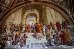  Raphael, Escuela de Atenas, 1509-1511, mural (Habitación de la Signatura, Palacios Pontificios, Vatican).