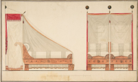 Diseño para cama y dosel, siglo XVIII- 
 Círculo de Charles Percier (francés, París 1764-1838), pluma y tinta negra y gris, pincel y gris, naranja y rojo lavado.