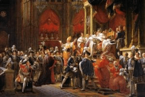 The Coronation of Charles X painting: Men stand in a large room dressed in traditional attire. The painting uses harsh reds, blacks and yellows. 