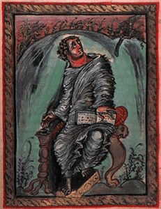 Saint Mark from the Ebbo Gospels painted which harsh, gothic colors. 