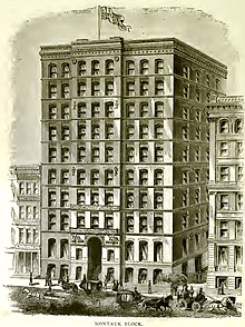 Drawing of the Montauk building in Chicago, which is a tall building with many windows. 