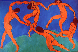 The dance by Matisse (1910), Hermitage Museum, Saint Petersburg, Russia: A painting of five orange bodies that appear to be dancing in a circle. 
