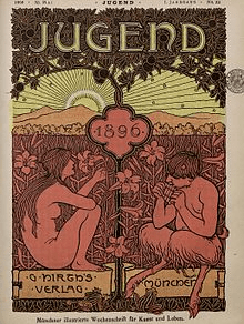 1896 edition cover of Jugend with two figures, one of which is playing an instrument.