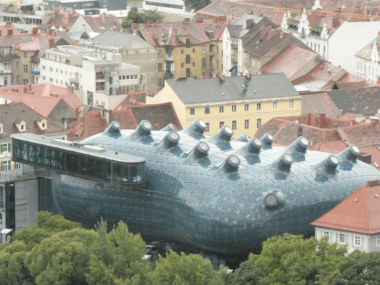 Graz’s Art Museum, the “Friendly Alien” Kunsthaus; Graz, Austria, 2003. By Sir Peter Cook and Colin Fournier. 