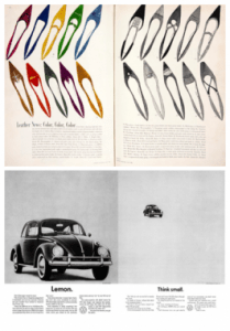 Before and after: 1952 magazine, with the text in a book-style serif font, justified both left and right to create symmetrical rectangles, illustrated by drawings (by Andy Warhol); 1962, the illustration is now photographic, the font sans serif, the alignment, flush left; by Helmut Krone.