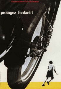 1953 campaign poster by Joseph Müller. Photo of a young boy running away  from the car (wheel) that takes up the left side of the poster, towards the right side. 