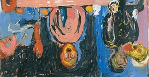Dîner à Dresde by Georg Baselitz, 1983.: A blurry painting of four men spread throughout the photo, they look scared, upset and are shown in bright colors with expressive faces. 