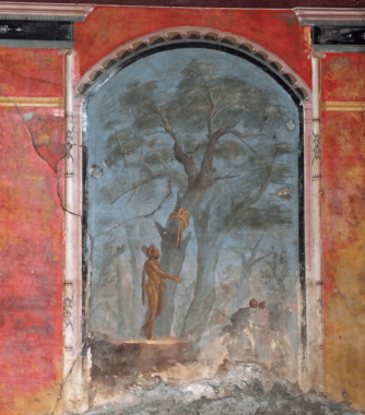 Representación de Hércules, rodeado de árboles y naturaleza, en Villa Oplontis.