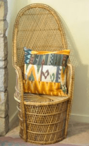Vintage Rattan Wicker Chair Boho: wicker chair with a yellow chevron pattern. 