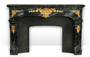 Custom-made Régence style marble fireplace mantel with gilded bronze ornaments.