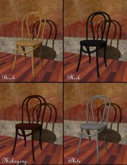 Four photos of bentwood chairs with different colors, including black, beech, Mahagonny and white