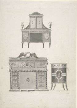 Designs for furniture in a variation on the style of Thomas Sheraton, a breakfront, a sideboard, and a low cupboard.