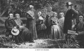 A portrait drawing of a group of Shaker settlers. 
