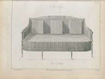 A drawing of a sofa from The Cabinet Dictionary. 