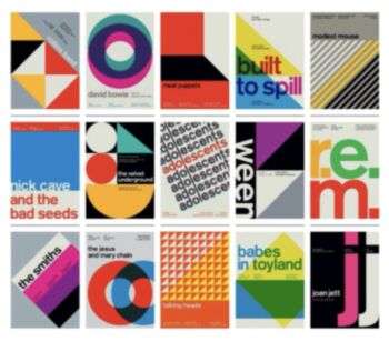 Music posters designed by Mike Joyce, following in the footsteps of Swiss Style; made between the 1970s and the 1980s.