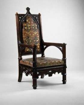 Dark wood armchair carved rosewood with leather and silk from Paris, France. 