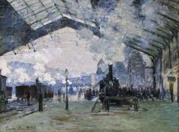 'Arrival of the Normandy Train, Gare Saint-Lazare' by Claude Monet: A blurry depiction of a train entering a station, blues and black are the prevalent colors.