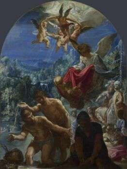 The Baptism of Christ painting on the wall. Four angles in the sky ahead, while Christ is baptized by another man as people watch from the right side. 