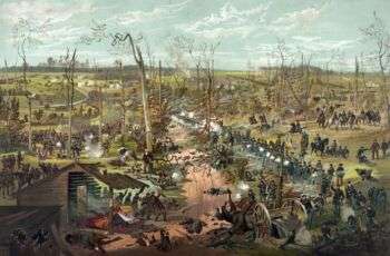 Battle of Shiloh - April 6th 1862 painting with everything burnt to the ground. Soldiers are scattered throughout the piece and trees are sizzling due to the damage. 