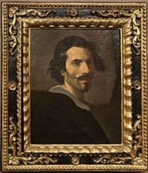 Photo of Bernini's Self-Portrait, enclosed in a frame with gold decorations.