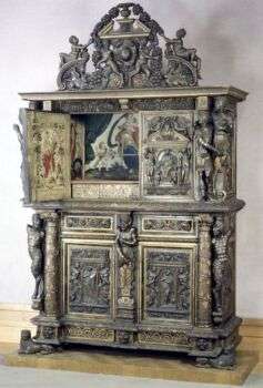 Cabinet, Style of Hugues Sambin (French, Gray ca. 1520–1601 Dijon), Carved, painted, and gilded walnut, French.
