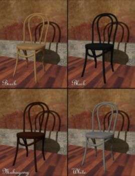 Four Bentwood chairs in differing colors: beech, black, Mahagony and white.