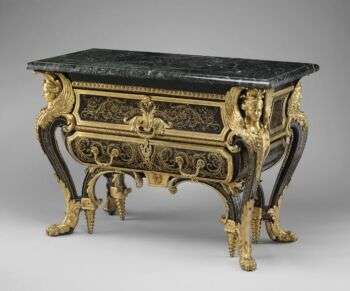 Commode, André Charles Boulle (French, Paris 1642–1732 Paris), Walnut veneered with ebony, marquetry of engraved brass and tortoiseshell, gilt-bronze mounts, verd antique marble, French.